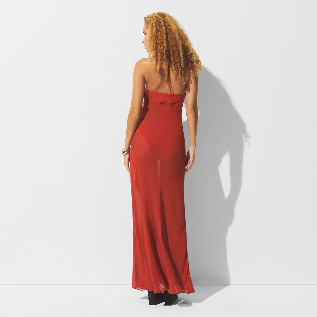 SHEER COVER-UPS LONG HALTER DRESS | AUBURN