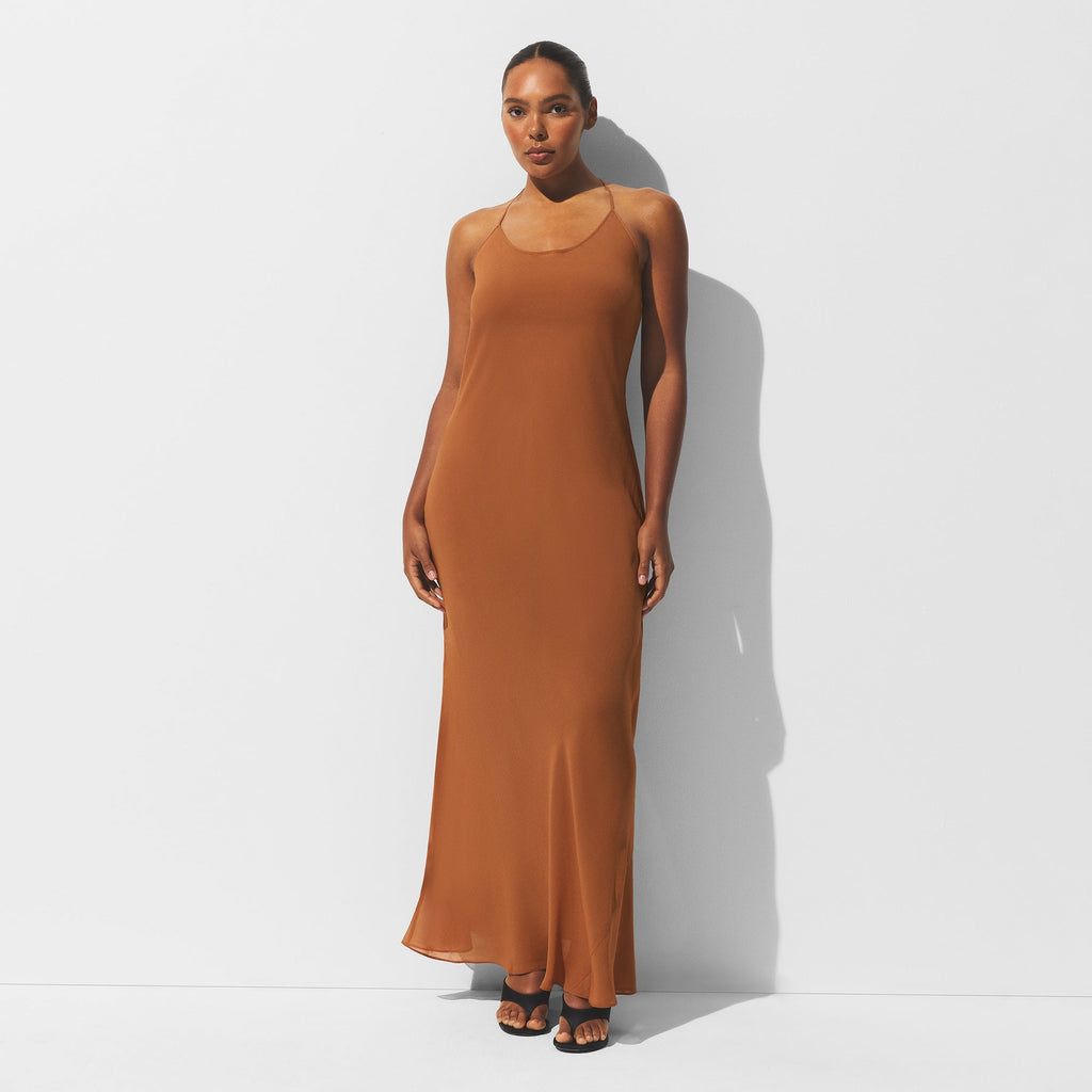 SHEER COVER-UPS LONG HALTER DRESS | CHESTNUT