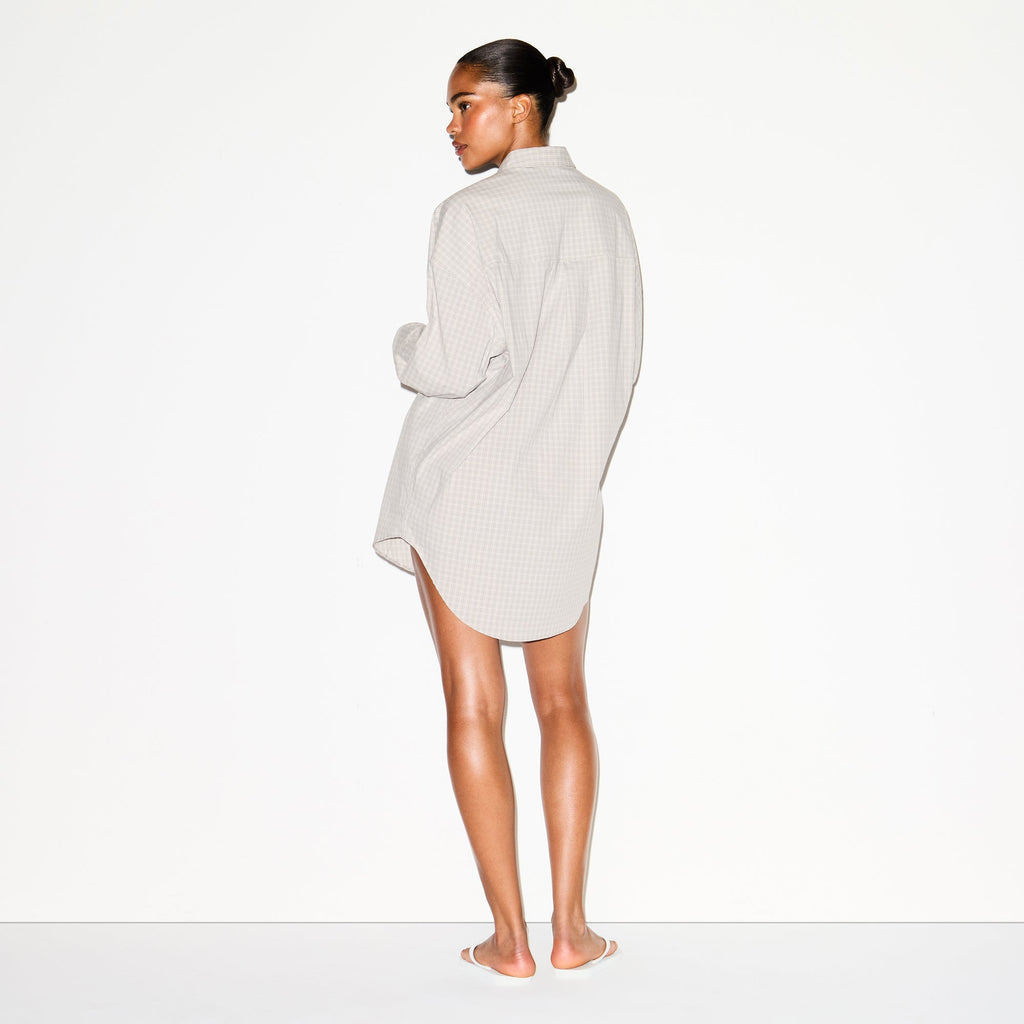 COTTON POPLIN SLEEP BUTTON UP DRESS | SILVER CHECK