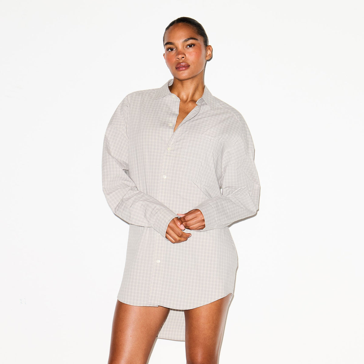 COTTON POPLIN SLEEP BUTTON UP DRESS | SILVER CHECK