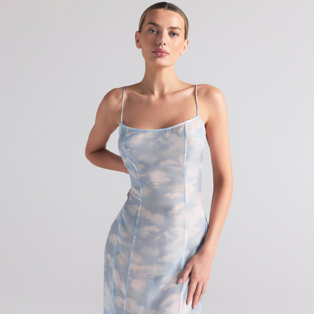 SKIMS ROMANCE LONG SLIP DRESS | BLUE QUARTZ CLOUD PRINT