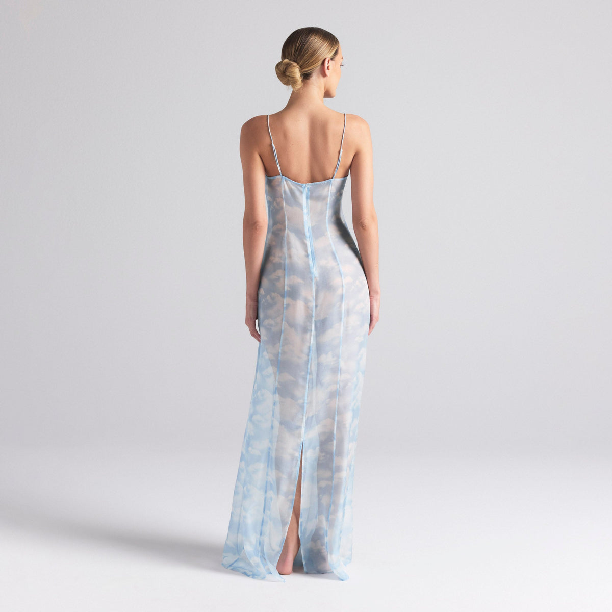 SKIMS ROMANCE LONG SLIP DRESS | BLUE QUARTZ CLOUD PRINT