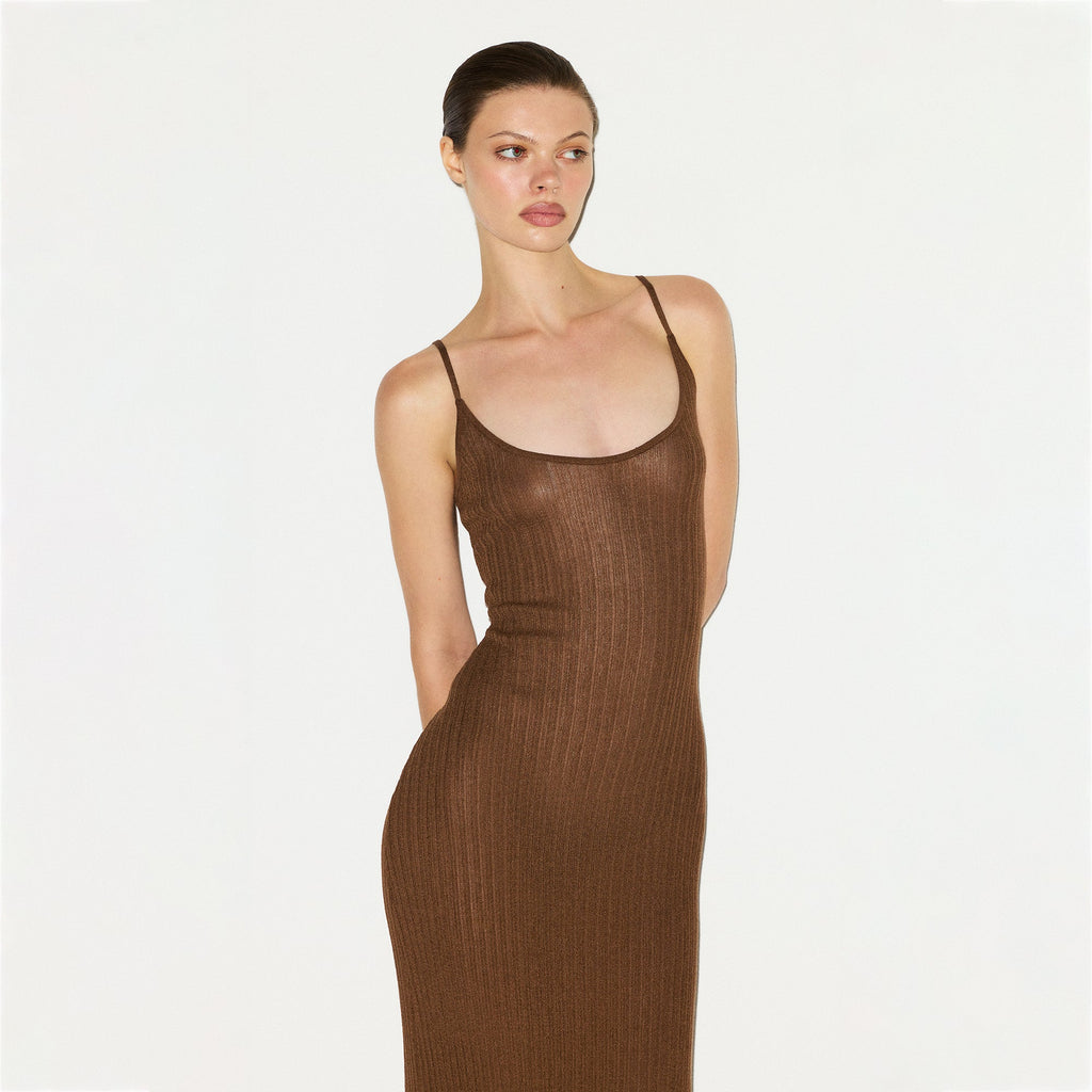 SHEER KNIT LONG CAMI DRESS | BISON