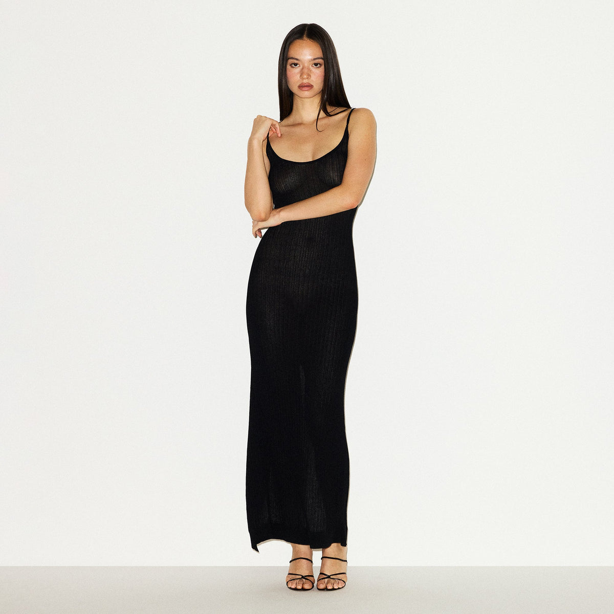 SHEER KNIT LONG CAMI DRESS | ONYX