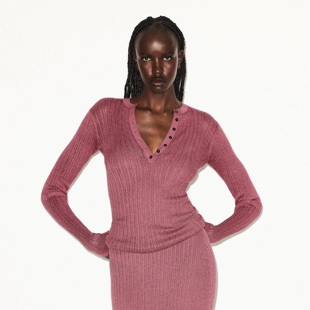 SHEER KNIT LONG SLEEVE HENLEY | BEET