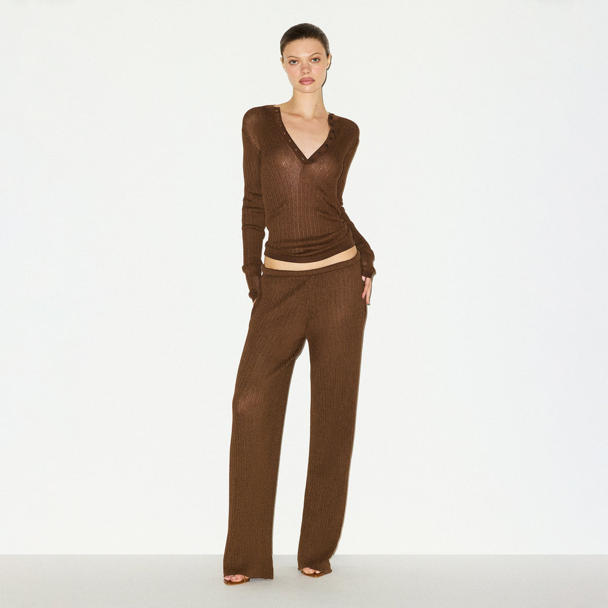 SHEER KNIT LONG SLEEVE HENLEY | BISON