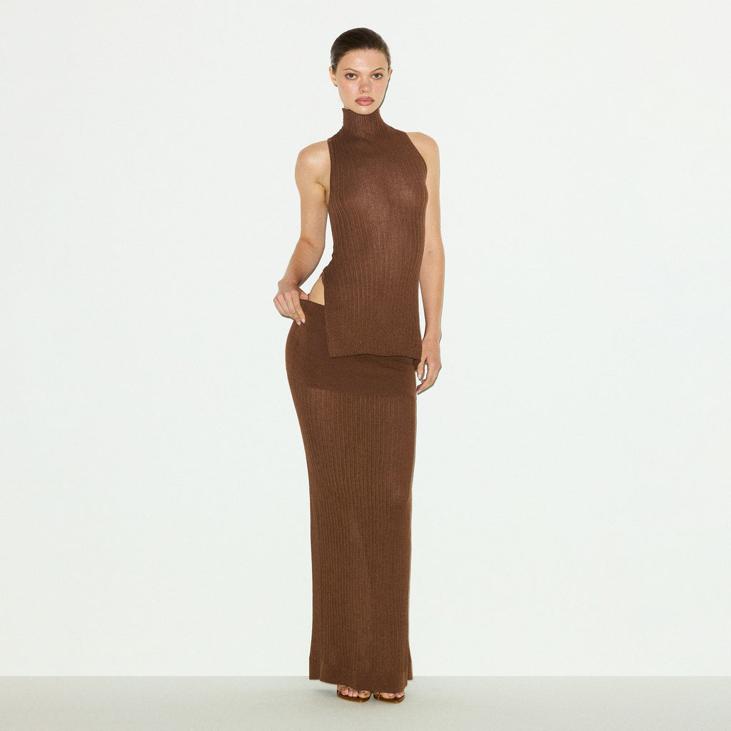 SHEER KNIT FOLDOVER LONG SKIRT | BISON