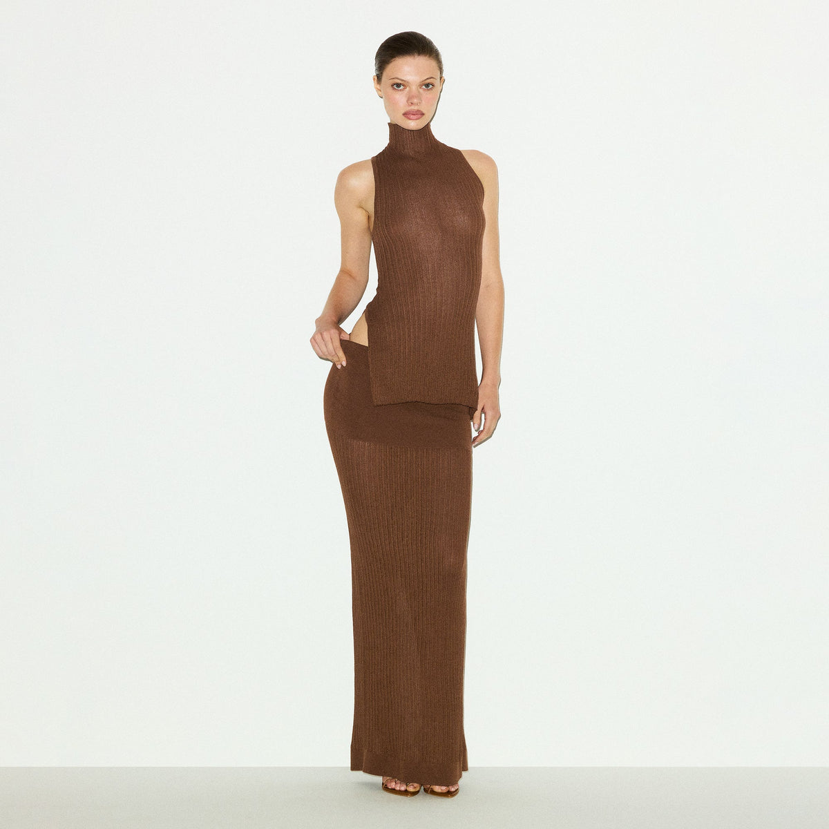 SHEER KNIT FOLDOVER LONG SKIRT | BISON