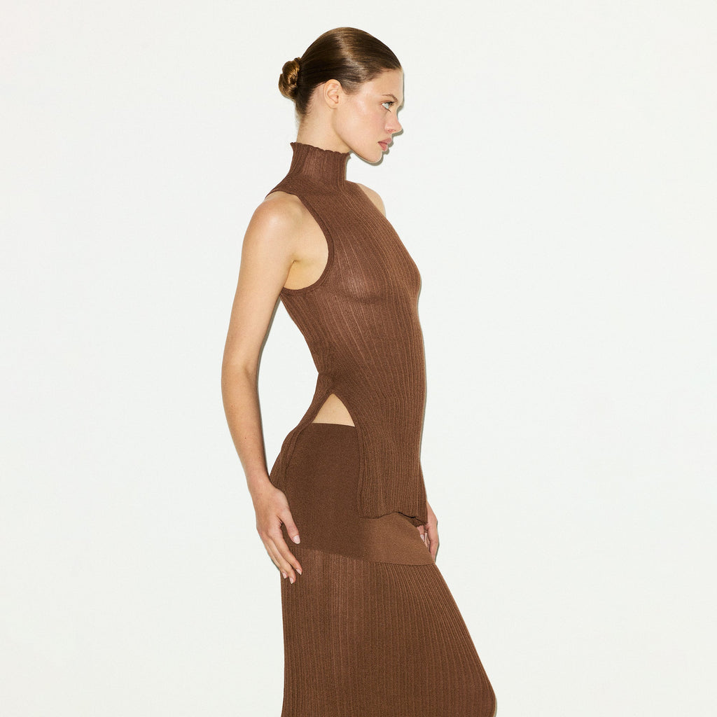 SHEER KNIT FOLDOVER LONG SKIRT | BISON