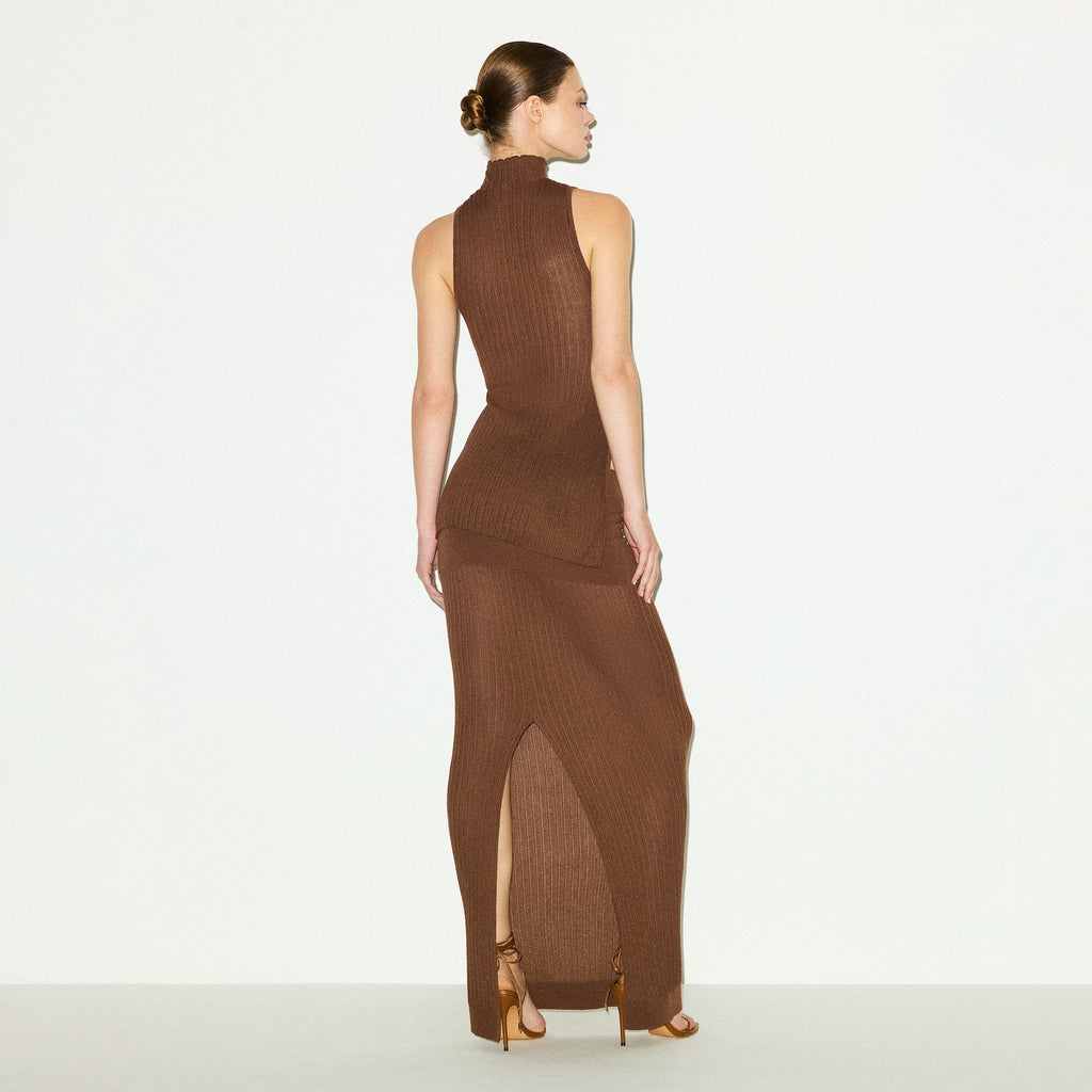 SHEER KNIT FOLDOVER LONG SKIRT | BISON