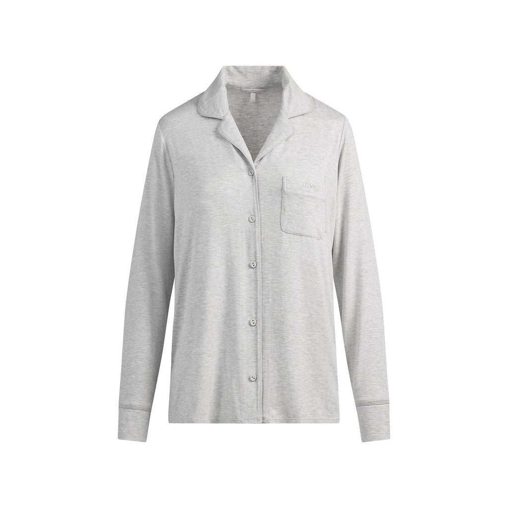 SKIMS SLEEP LONG SLEEVE BUTTON UP SET | LIGHT HEATHER GREY