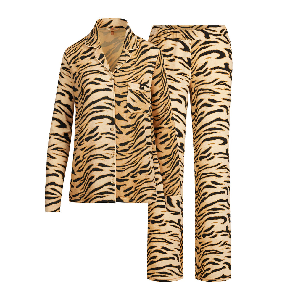 SKIMS SLEEP LONG SLEEVE BUTTON UP SET | BRONZE TIGER PRINT