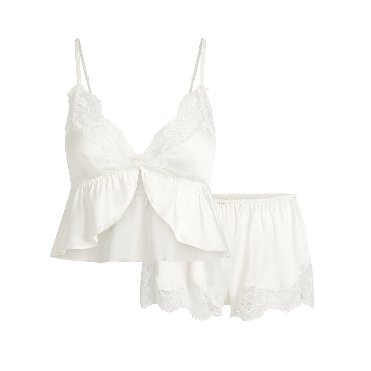 WOVEN SHINE LACE BABYDOLL AND SHORT SET | IVORY
