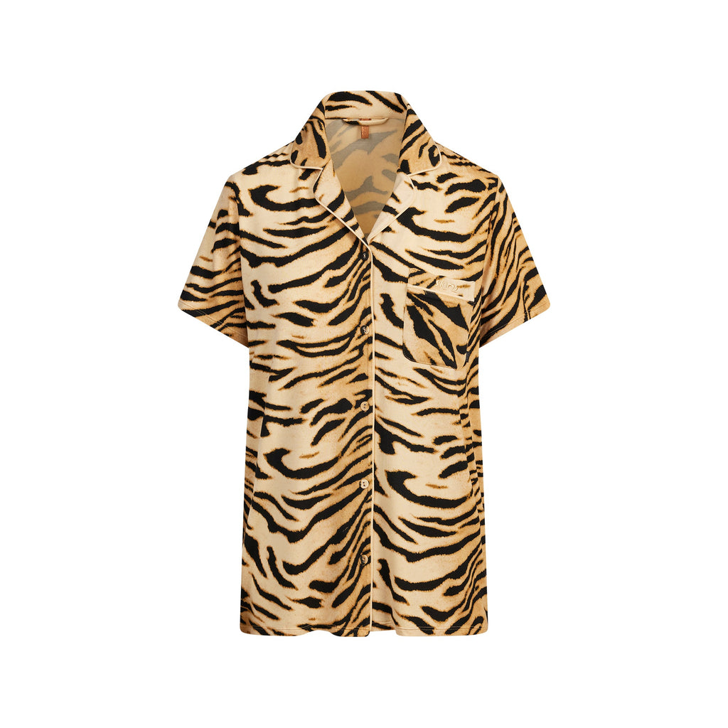 SKIMS SLEEP SHORT SLEEVE BUTTON UP SET | BRONZE TIGER PRINT