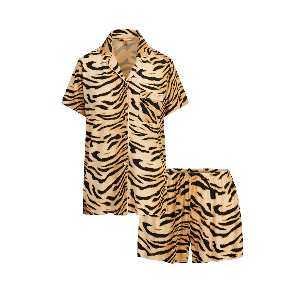 SKIMS SLEEP SHORT SLEEVE BUTTON UP SET | BRONZE TIGER PRINT
