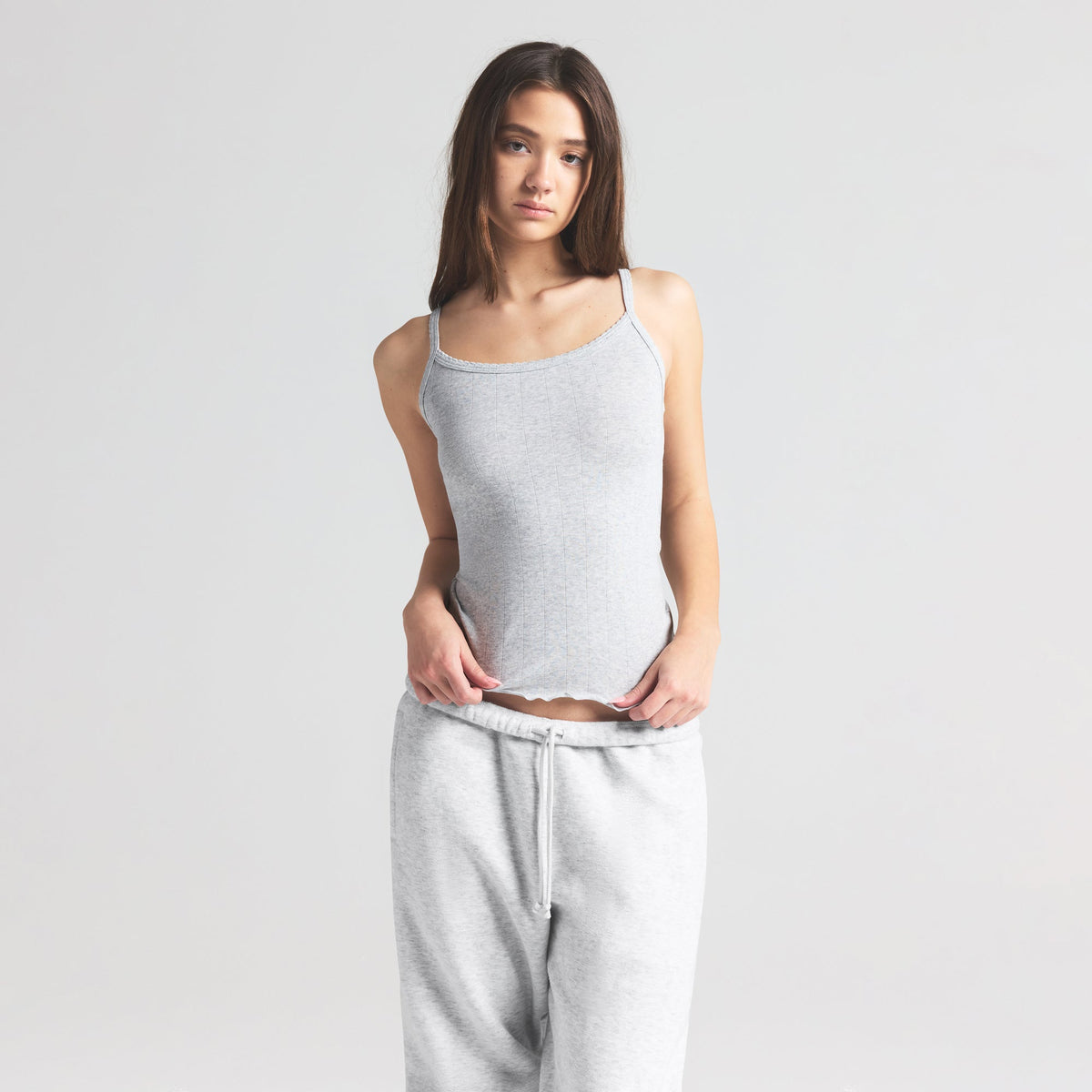 DROP NEEDLE POINTELLE LONG CAMI | LIGHT HEATHER GREY