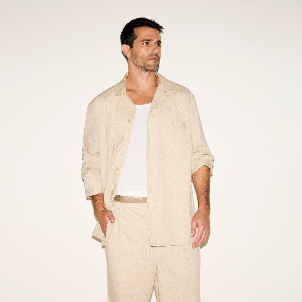 COTTON POPLIN MENS LONG SLEEP SET | TAN PAISLEY PRINT