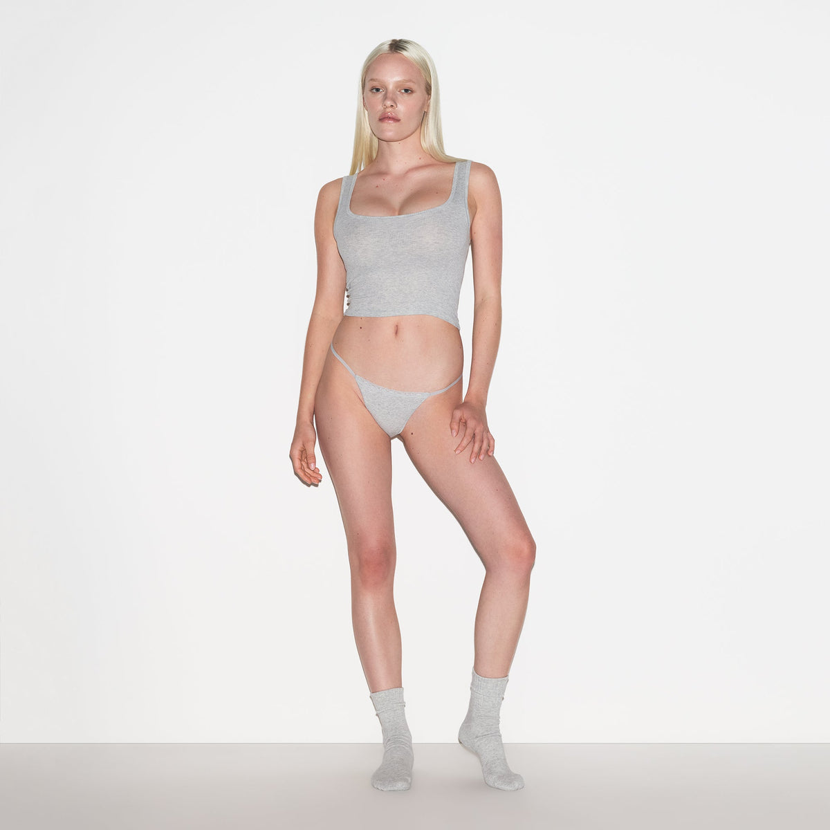 LIGHTWEIGHT COTTON LACE STRING THONG | LIGHT HEATHER GREY